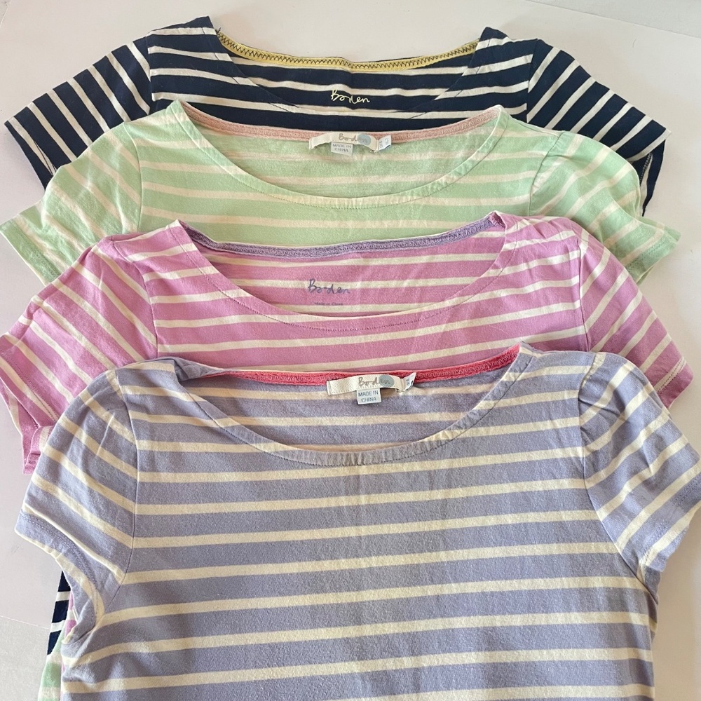 Boden Lot of 4 Breton Tee Shirts Sz 2 Striped Cotton Green Purple Pink Blue